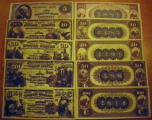   1882 5 Pc National Currency Brown Back Set US Paper Money Copy  