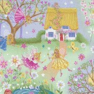   Fairies Fairy Pink Green Blue Floral Hearts Cottage Stars Fabric