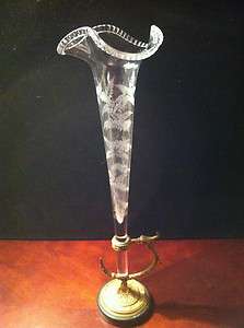  ONE ETCHED GLASS HORN & GILDED BRASS BASE CIRCA 1870   WOW  