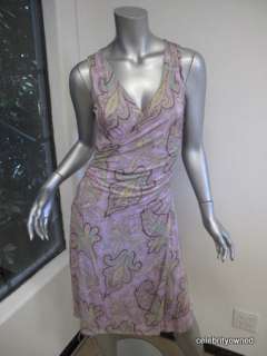   Light Purple Paisley Sleeveless Gathered Side Deep V Dress 42  