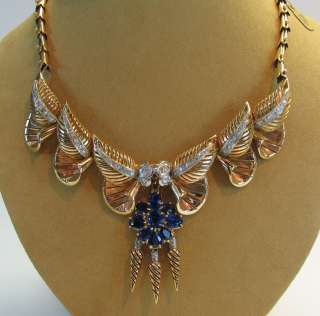 50s Retro Diamond Sapphire Pink & Yellow Gold Necklace  