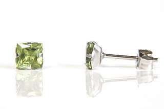 9ct WHITE Gold Square PERIDOT Stud earrings, Gift Boxed  