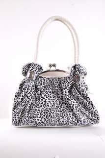 Exotic Leopard Print Kiss Lock Satchel Handbag   WHITE  