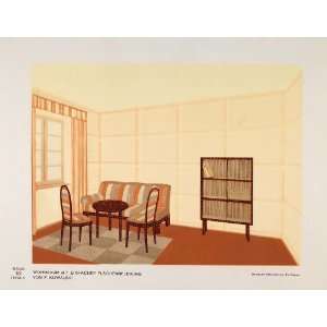  1933 Art Deco Room Design Sofa Bookcase Chairs Print 