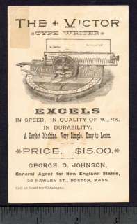 1800s Victor Typewriter TRADE CARD Boston Agent  RARE  