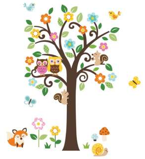 Giant Scroll Flowers Tree & Animals Wall Sticker Decals fox owls birds 
