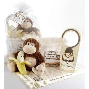   Monkeys Gift Set with Rattle, Animal, Blanket, Door Hanger and Basket