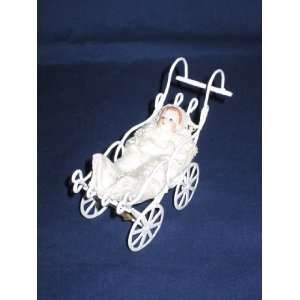   Doll House Miniature Metal Victorian Baby Carriage w/ Baby 4 1/4 x 3