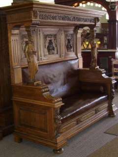 ANTIQUE OAK CHURCH FRATERNAL LODGE HALL SEAT BENCH  