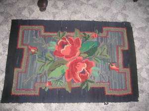   RUG DARK BLUE BLACK RED ROSES DESIGNS Primitive Floor area Carpet