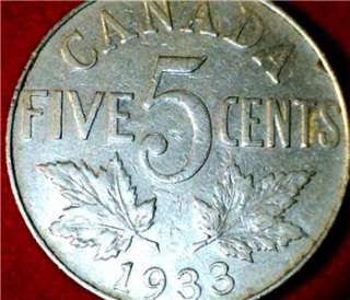 1933 Canada KGV 5 Cent Nickel Five Cent F 12 or Better  