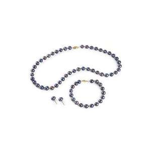    14k Yellow Gold Black Pearl Necklace Bracelet Earrings Jewelry