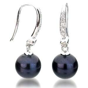   9mm Black Freshwater Cultured Pearl Earrings with Diamonds AAA Quality