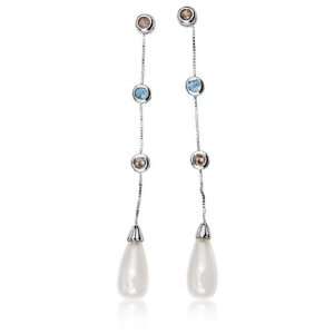   ctw Blue Chalcedony and Round Cut Blue and Smoky Topaz Dangle Earrings