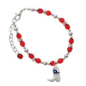 com Cowboy Boot with Texas Flag Red Czech Glass Beaded Charm Bracelet 