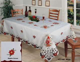 Christmas Embroidered Poinsettia Bells Candles Tablecloth + Napkins 