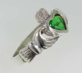 Irish Claddagh Ring w/ green stone Sterling Silver Sz 7  