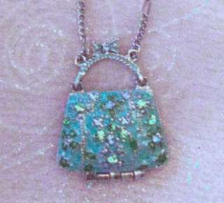 Jewel & Enamel Purse Locket Pendant Necklace Opens  