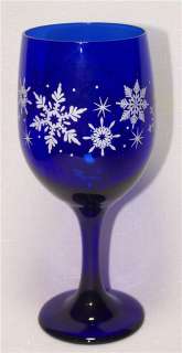 Libbey 4 Christmas Cobalt Blue Snowflake Wine Goblets Glasses  