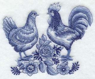 DELFT BLUE COUNTRY CHICKEN  2 EMBROIDERED KITCHEN HAND TOWELS by Susan 