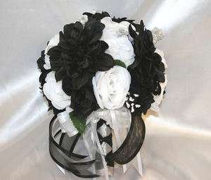   Bridal Bouquet Round White Black Dahlia Silk Flowers 21 pc  