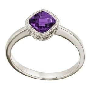  Cushion Cut Amethyst Antique Style Ring in 14K White Gold 
