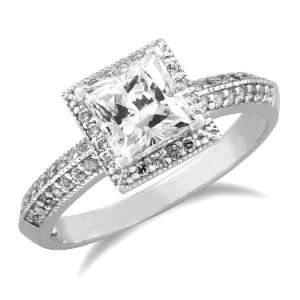  14k White Gold Prong Set Princess Center with Side Stones CZ Cubic 