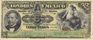Mexico $ 5 Pesos Banco de Londres y Mexico Jan 2, 1912  