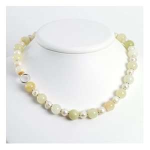 Sterling Silver Green Jade/White Cats Eye/Quartz/Cult Pearl Necklace 
