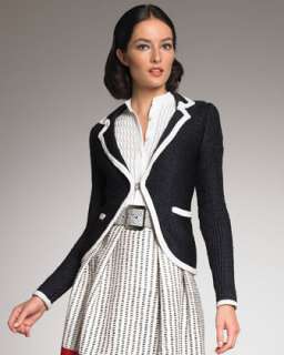 Contrast Trim Knit Blazer, Textured Bib Blouse, A Line Skirt 