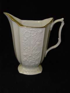 Lenox China Embossed Floral Pitcher Gold Trim & Gold Mark 7 1/2 Tall 