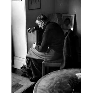 Irish Playwright Sean OCasey Listening to Radio at His Home Stretched 