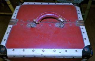   CHERRY RED PAPER on WOOD DOLL STEAMER TRUNK 1950s LEATHER HANDLE Locks