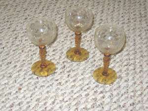 THREE   3  ETCHED GLASS CLEAR GOBLETS TWISTED YLW STEM  