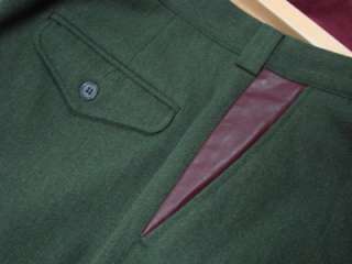 LL Bean Green Wool Hunting Field Pants, Forest Green, Leather Trim, 40 