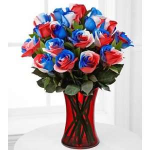 Bless The U.S.A. Fiesta Rose Flower Bouquet   18 Stems   Vase Included 