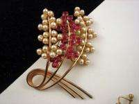 Jay Kel 1940s Vermeil Sterling faux Pearl & Red RS Pin  