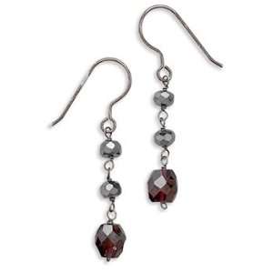    Faceted Hematite and Garnet Drop French Wire Earrings Jewelry