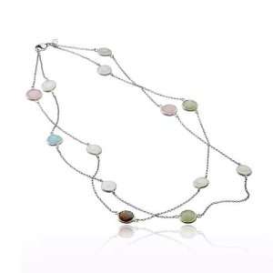   Silver Matte Necklace With Round Pastel Gemstones   24 Inches Jewelry