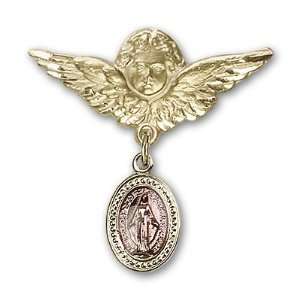 Gold Filled Baby Badge with Pink Miraculous Charm and Angel w/Wings 