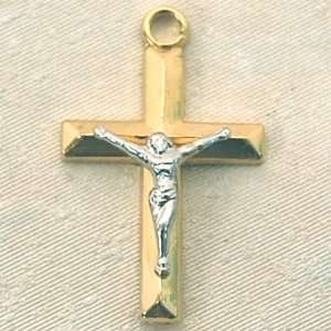   Silver Two Tone Small Crucifix Cross Medal with 18 Gold Plated Chain