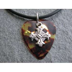 Guitar Pick Necklace with Gothic Cross Charm on Tortoise Pick Unique 