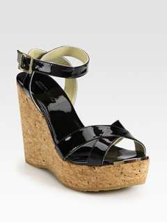 Jimmy Choo   Papyrus Patent Leather and Cork Wedge Sandals    