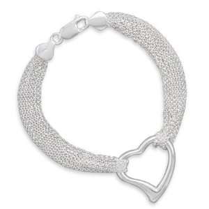   Silver 4 Strand/Polished 23mm Open Heart Center Bracelet   7.5 Inch