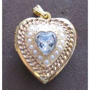  LOCKET PENDANT w Faux Seed Pearls & Heart Shape Crystal in Center