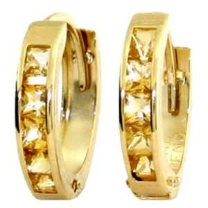   Gold Hoop Huggie Earrings with Genuine Princess Cut Citrines Jewelry