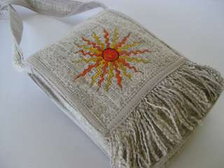 Passport Hemp Bag ~ small purse, embroidered sun  