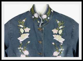 Denim Jacket Blazer Beaded Embroidered Womens Size 12 Long Duster 