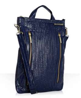 style #303907201 dark blue quilted patent Leda tall messenger bag