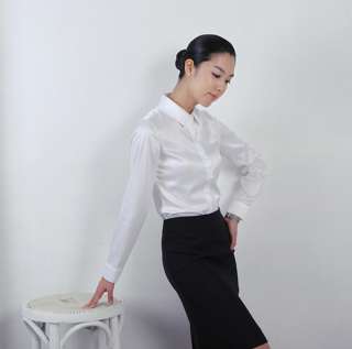 NEW Wamon`s White Long Sleeves Satin Blouse with flat Collar Size XS,S 
